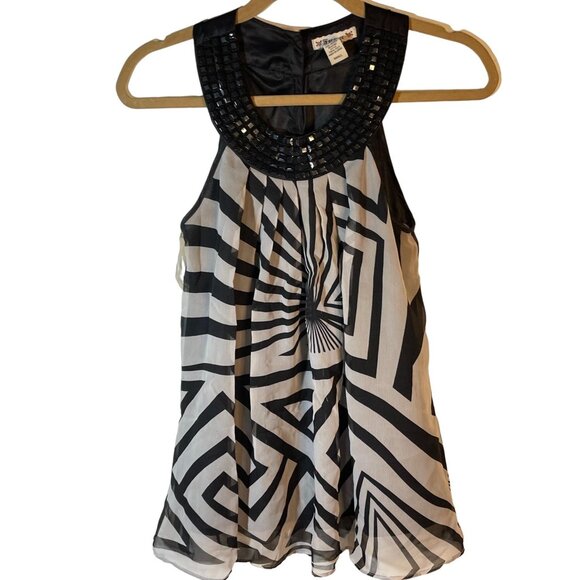 forever sleeveless shirt beaded embellished black graphic sheer layed small armp - Picture 1 of 10